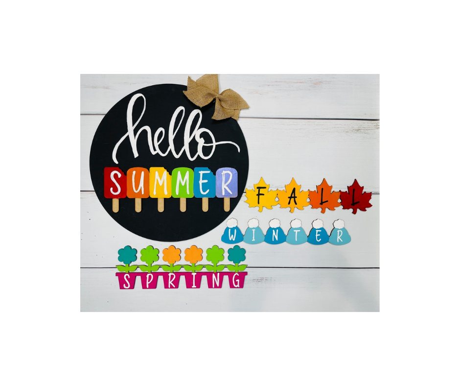 HELLO 18 inch wood sign with interchangeable seasonal signs.